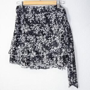 Lulus Floral Ruffle Wrap Skirt Black White Size M Romantic Garden Party NWT